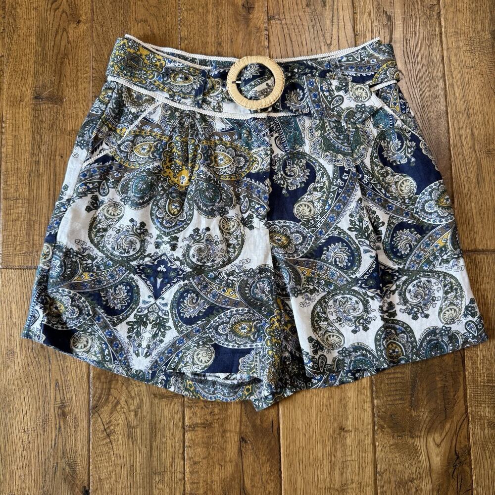 Magaschoni 100% Linen Lined Paisley Printed Shorts Womens Sz 6 Belted Coastal